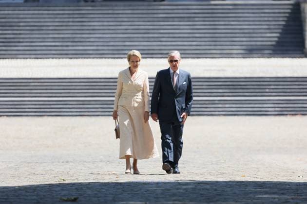 King Philippe - Filip of Belgium and Queen Mathilde of Belgium pictured ahead of the official picture at the Castle of Laeken - Laken, Brussels, during the official state visit of the Japanese Emperor and Empress to Belgium on Monday 22 June 2026. The Emperor and Empress of Japan visit Belgium from June 20-25.  BENOITxDOPPAGNE 178747086