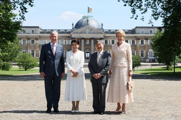 L-R, King Philippe - Filip of Belgium, Japanese Empress Masako, Japanese Emperor Naruhito and Queen Mathilde of Belgium pose for the official picture at the Castle of Laeken - Laken, Brussels, during the official state visit of the Japanese Emperor and Empress to Belgium on Monday 22 June 2026. The Emperor and Empress of Japan visit Belgium from June 20-25.  BENOITxDOPPAGNE 178748044