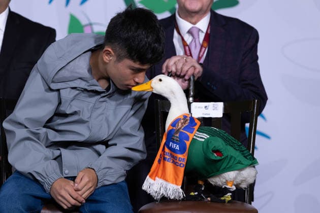 June 22, 2026, Mexico City, Mexico: Mexican President Claudia Sheinbaum Pardo held her daily morning press conference at the National Palace alongside Merlin, the duck that became a viral sensation during the 2026 FIFA World Cup, as well as its caretaker Karla Gomez and her sons, Christian and Carlos. Mexico City Mexico - ZUMAl178 20260622_znp_l178_006 Copyright: xCristianxLeyvax