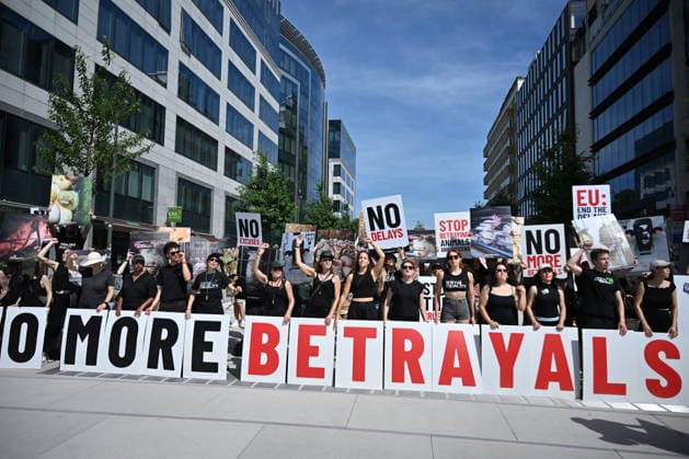 Animal rights activists demonstrate near EU Commission in Brussels for Welfare Reform BRUSSELS, BELGIUM - JUNE 22: Animal rights activists hold placards featuring images of farm animals and slogans like Stop Betraying Animals and Citizens and Farm Industry Out of EU Commission during a protest near the European Commission building in Brussels, Belgium on June 22, 2026. The group gathered to demand comprehensive animal welfare reforms and stricter regulations across the European Union. Dursun Aydemir Anadolu Brussels Belgium. Editorial use only. Please get in touch for any other usage.  Copyright: x2026xAnadoluxDursunxAydemirx