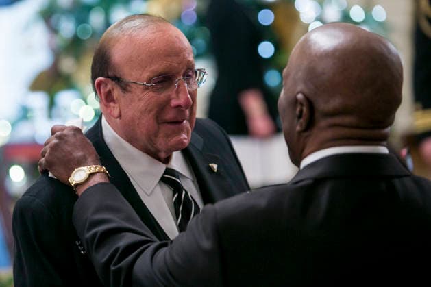 Clive Davis, left, and Buddy Guy, right attend a reception at the White House for the 2013 Kennedy Center Honorees on December 8, 2013 in Washington, DC. The honorees this year include: opera singer Martina Arroyo, jazz musician Herbie Hancock, musician Billy Joel, actress Shirley MacLaine and musician Carlos Santana. Copyright: xKristofferxTripplaarx xPoolxviaxCNPx MediaPunchx