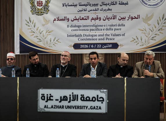 Latin Patriarch of Jerusalem Pizzaballa visits Al-Azhar University in Gaza GAZA, PALESTINE - JUNE 22: Pierbattista Pizzaballa, the Latin Patriarch of Jerusalem, attends a session titled Religions, Coexistence, and the Values of Peace, where he emphasized the importance of interfaith dialogue, tolerance, and a culture of peace during his visit in Al-Azhar University in Gaza with an accompanying delegation, in Gaza, Palestine on June 22, 2026. Abdalhkem Abu Riash Anadolu Gaza Gaza. Editorial use only. Please get in touch for any other usage.  Copyright: x2026xAnadoluxAbdalhkemxAbuxRiashx
