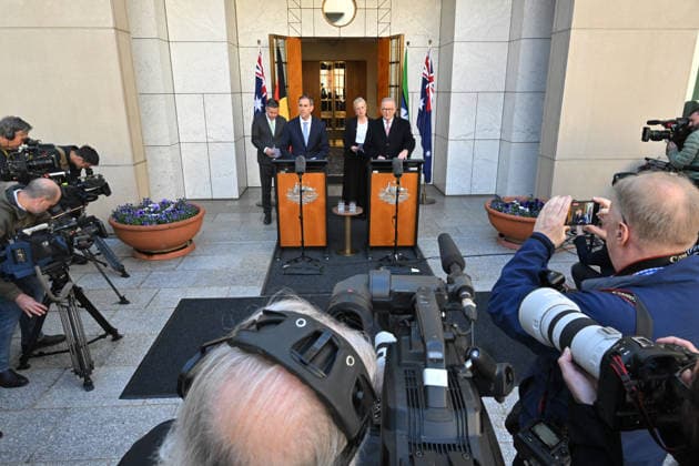 ANTHONY ALBANESE TAX PRESSER, Treasurer Jim Chalmers, Minister for Health Mark Butler, Minister for Finance Katy Gallagher and Prime Minister Anthony Albanese at a press conference at Parliament House in Canberra, Tuesday, June 23, 2026. ( NO ARCHIVING CANBERRA AUSTRALIAN CAPITAL TERRITORY AUSTRALIA  Copyright: xMICKxTSIKASx 20260623142838388047