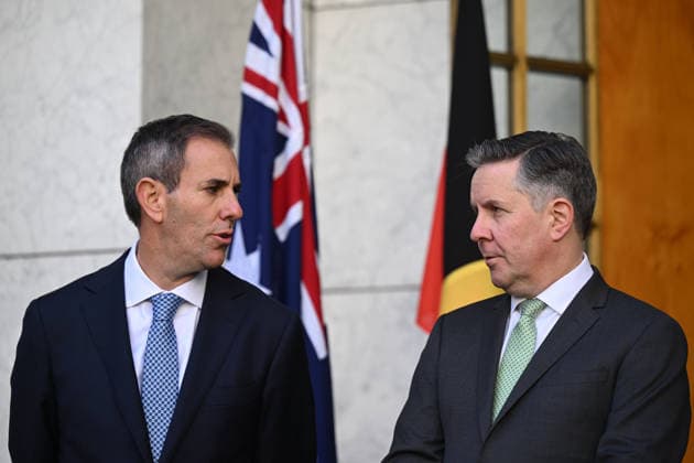 ANTHONY ALBANESE TAX PRESSER, Australian Treasurer Jim Chalmers speaks to Australian Health Minister Mark Butler during a press conference at Parliament House in Canberra, Tuesday, June 23, 2026. ( NO ARCHIVING CANBERRA ACT AUSTRALIA  Copyright: xLUKASxCOCHx 20260623156599439082
