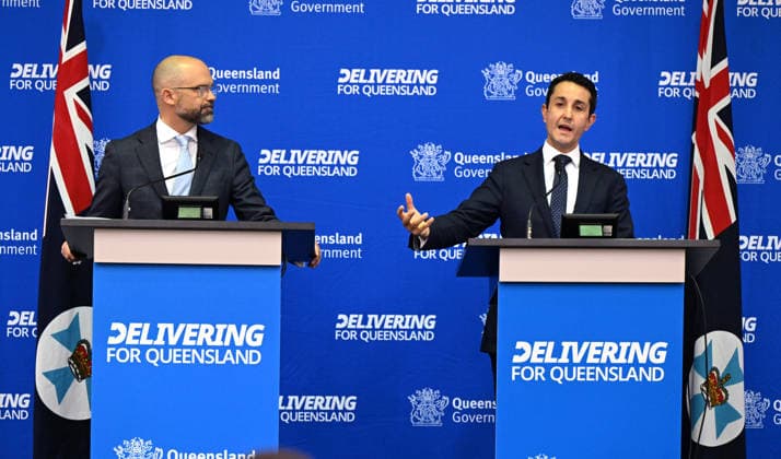 QUEENSLAND BUDGET 2026, Queensland Treasurer David Janetzki (left) and Queensland Premier David Crisafulli (right) are seen talking to the media before the handing down of the 2025-26 Queensland state budget at Queensland Parliament in Brisbane, Tuesday, June 23, 2026. ( NO ARCHIVING BRISBANE QUEENSLAND AUSTRALIA  Copyright: xDARRENxENGLANDx 20260623112055552031