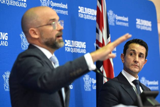 QUEENSLAND BUDGET 2026, Queensland Treasurer David Janetzki (left) and Queensland Premier David Crisafulli (right) are seen talking to the media before the handing down of the 2025-26 Queensland state budget at Queensland Parliament in Brisbane, Tuesday, June 23, 2026. ( NO ARCHIVING BRISBANE QUEENSLAND AUSTRALIA  Copyright: xDARRENxENGLANDx 20260623157259856062
