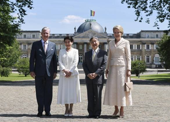 Japan emperor, empress in Brussels Japanese Emperor Naruhito (2nd from R) and Empress Masako (2nd from L) pose for a photo with Belgian King Philippe and Queen Mathilde after arriving at the Palace of Laeken in Brussels on June 22, 2026. (Pool photo)  A14AA0005619813P
