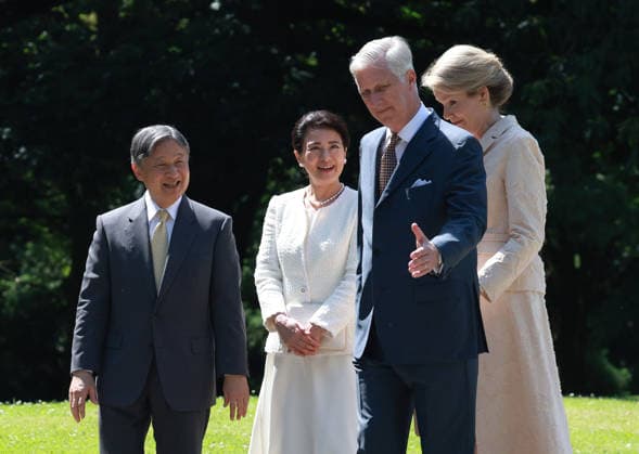 Japan emperor, empress in Brussels Japanese Emperor Naruhito (far L) and Empress Masako (2nd from L) are greeted by Belgian King Philippe and Queen Mathilde upon arriving at the Palace of Laeken in Brussels on June 22, 2026. (Pool photo)  A14AA0005619854P