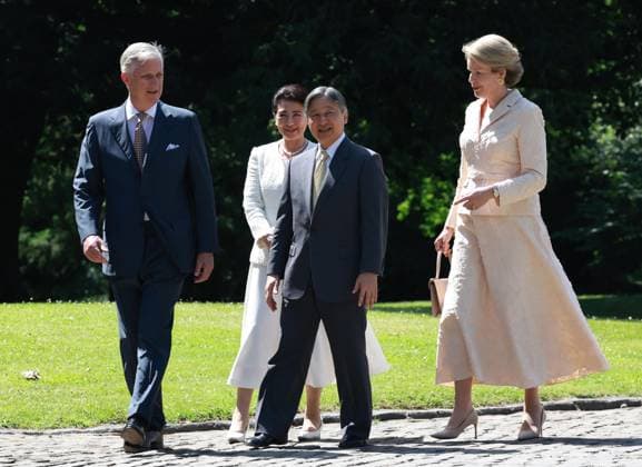 Japan emperor, empress in Brussels Japanese Emperor Naruhito (2nd from R) and Empress Masako (2nd from L) are greeted by Belgian King Philippe and Queen Mathilde upon arriving at the Palace of Laeken in Brussels on June 22, 2026. (Pool photo)  A14AA0005619857P