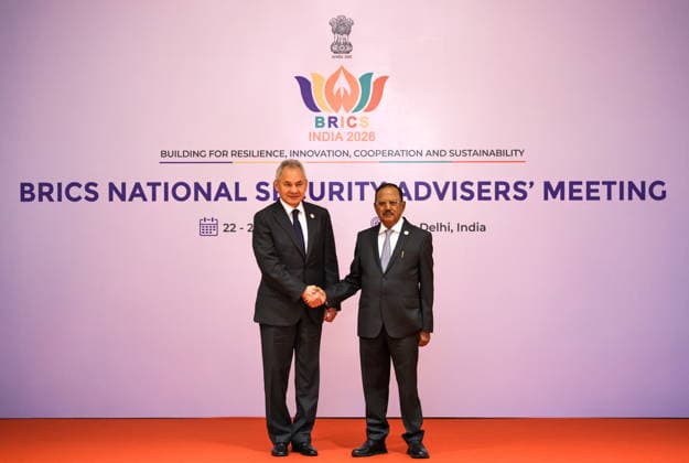 INDIA, NEW DELHI - JUNE 23, 2026: Russian Security Council Secretary Sergei Shoigu (L) and Ajit Doval, National Security Advisor to the Prime Minister of India, shake hands during a welcoming ceremony as part of the BRICS National Security Advisers Meeting New Delhi India  - ZUMAt113 20260623_zaa_t113_009 Copyright: xMikhailxTereshchenkox