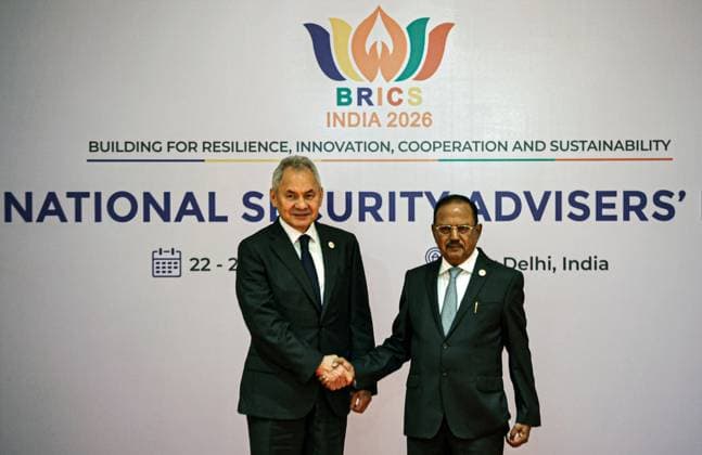 India Russia Security 9193736 23.06.2026 Russian Security Council Secretary Sergei Shoigu and Indian National Security Advisor Ajit Doval, right, shake hands as they pose for photos during a meeting of high-ranking BRICS officials responsible for security matters, in New Delhi, India. Mikhail Tereshchenko Sputnik New Delhi India  Copyright: xMikhailxTereshchenkox