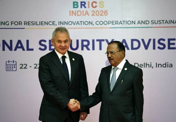 India Russia Security 9193738 23.06.2026 Russian Security Council Secretary Sergei Shoigu and Indian National Security Advisor Ajit Doval, right, shake hands as they pose for photos during a meeting of high-ranking BRICS officials responsible for security matters, in New Delhi, India. Mikhail Tereshchenko Sputnik New Delhi India  Copyright: xMikhailxTereshchenkox