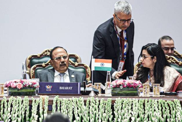 India Russia Security 9193748 23.06.2026 Indian National Security Advisor Ajit Doval, left, attends a meeting of high-ranking BRICS officials responsible for security matters, in New Delhi, India. Mikhail Tereshchenko Sputnik New Delhi India  Copyright: xMikhailxTereshchenkox