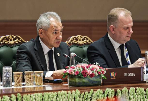 India Russia Security 9193754 23.06.2026 Russian Security Council Secretary Sergei Shoigu, left, attends a meeting of high-ranking BRICS officials responsible for security matters, in New Delhi, India. Mikhail Tereshchenko Sputnik New Delhi India  Copyright: xMikhailxTereshchenkox