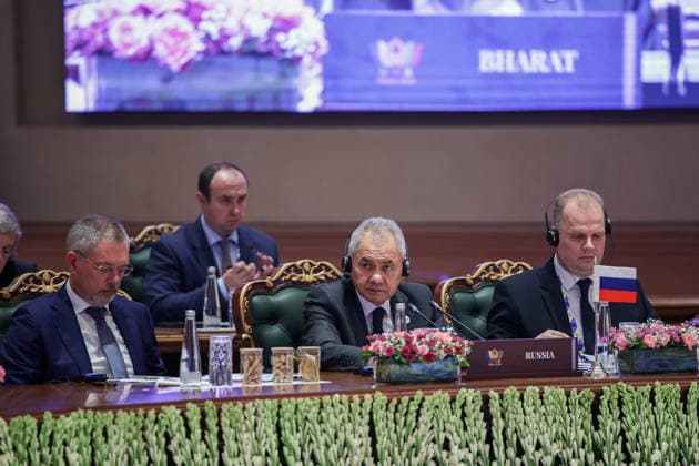 INDIA, NEW DELHI - JUNE 23, 2026: Russian Security Council Secretary Sergei Shoigu (C) attends the BRICS National Security Advisers Meeting. Mikhail Tereshchenko TASS  94165972