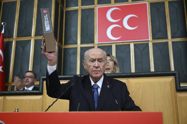 Turkiye s Nationalist Movement Party (MHP) Group Meeting ANKARA, TURKIYE - JUNE 23: Turkiye s Nationalist Movement Party (MHP) leader Devlet Bahceli makes a speech showing a book during his party s group meeting at the Grand National Assembly of Turkiye in Ankara, Turkiye, on June 23, 2026. Dogukan Keskinkilic Anadolu Ankara Turkey. Editorial use only. Please get in touch for any other usage.  Copyright: x2026xAnadoluxDogukanxKeskinkilicx