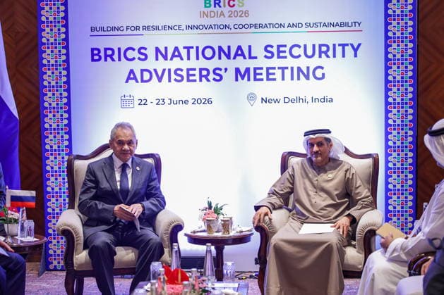 INDIA, NEW DELHI - JUNE 23, 2026: Russian Security Council Secretary Sergei Shoigu (L) and Secretary-General of the UAE s Supreme Council for National Security Ali Al Shamsi meet on the sidelines of the BRICS National Security Advisers Meeting New Delhi India  - ZUMAt113 20260623_zaa_t113_030 Copyright: xMikhailxTereshchenkox