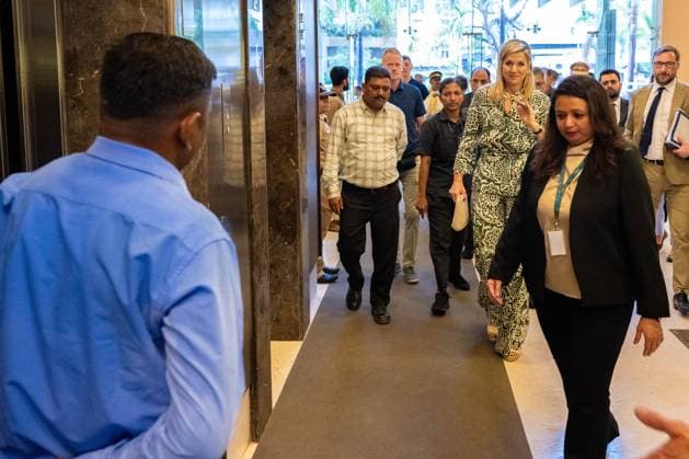 Mumbai, The Netherlands, 2026-06-23 09:24:02 MUMBAI, 23-06-2026, Her Majesty Queen Maxima visits the Republic of India from Tuesday 23 to Thursday 25 June at the invitation of the Government of India as Special Advocate of the UN Secretary-General for Financial Health (UNSGSA) PHOTO: NLBeeld Credit: NL Beeld Patrick van Emst  Copyright: xx x