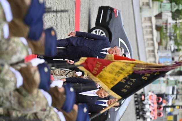 King Philippe - Filip of Belgium and Japanese Emperor Naruhito follow pass by soldiers at the official welcoming ceremony at the Place des Palais Paleizenplein, in Brussels, during the official state visit of the Japanese Emperor and Empress to Belgium on Tuesday 23 June 2026. The Emperor and Empress of Japan visit Belgium from June 20-25.  ERICxLALMAND 178910581