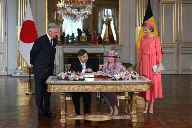 State Visit of the Emperor and the Empress of Japan to Belgium BRUSSELS, BELGIUM - JUNE 23 : King Philippe - Filip of Belgium, Emperor Naruhito of Japan, Empress Masako of Japan and Queen Mathilde of Belgium pictured during the Official Welcome Ceremony in the Royal Palace and signing of the Golden Book in the Empire Room during the state visit of the Emperor and Empress of Japan to Belgium, on June 23, 2026 in Brussels, Belgium, 23 06 2026 Brussels Belgium  Copyright: xBertxVanxDenxBrouckex