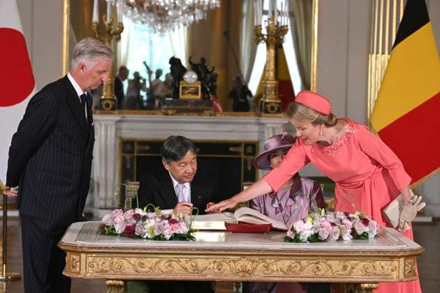 State Visit of the Emperor and the Empress of Japan to Belgium BRUSSELS, BELGIUM - JUNE 23 : King Philippe - Filip of Belgium, Emperor Naruhito of Japan, Empress Masako of Japan and Queen Mathilde of Belgium pictured during the Official Welcome Ceremony in the Royal Palace and signing of the Golden Book in the Empire Room during the state visit of the Emperor and Empress of Japan to Belgium, on June 23, 2026 in Brussels, Belgium, 23 06 2026 Brussels Belgium  Copyright: xBertxVanxDenxBrouckex