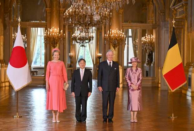 State Visit of the Emperor and the Empress of Japan to Belgium BRUSSELS, BELGIUM - JUNE 23 : Queen Mathilde of Belgium, Emperor Naruhito of Japan, King Philippe - Filip of Belgium and Empress Masako of Japan pictured during the Official Welcome Ceremony in the Royal Palace during the state visit of the Emperor and Empress of Japan to Belgium, on June 23, 2026 in Brussels, Belgium, 23 06 2026 Brussels Belgium  Copyright: xBertxVanxDenxBrouckex