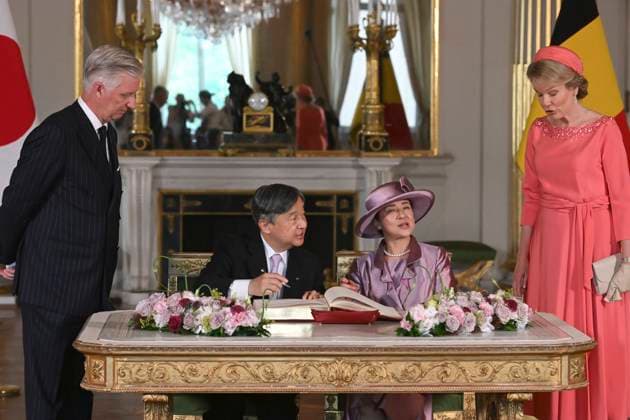 State Visit of the Emperor and the Empress of Japan to Belgium BRUSSELS, BELGIUM - JUNE 23 : King Philippe - Filip of Belgium, Emperor Naruhito of Japan, Empress Masako of Japan and Queen Mathilde of Belgium pictured during the Official Welcome Ceremony in the Royal Palace and signing of the Golden Book in the Empire Room during the state visit of the Emperor and Empress of Japan to Belgium, on June 23, 2026 in Brussels, Belgium, 23 06 2026 Brussels Belgium  Copyright: xBertxVanxDenxBrouckex