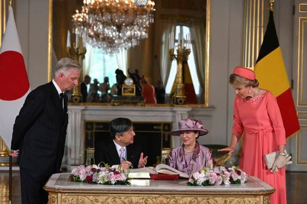 State Visit of the Emperor and the Empress of Japan to Belgium BRUSSELS, BELGIUM - JUNE 23 : King Philippe - Filip of Belgium, Emperor Naruhito of Japan, Empress Masako of Japan and Queen Mathilde of Belgium pictured during the Official Welcome Ceremony in the Royal Palace and signing of the Golden Book in the Empire Room during the state visit of the Emperor and Empress of Japan to Belgium, on June 23, 2026 in Brussels, Belgium, 23 06 2026 Brussels Belgium  Copyright: xBertxVanxDenxBrouckex