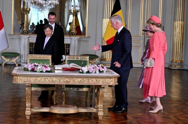 State Visit of the Emperor and the Empress of Japan to Belgium BRUSSELS, BELGIUM - JUNE 23 : King Philippe - Filip of Belgium, Emperor Naruhito of Japan, Empress Masako of Japan and Queen Mathilde of Belgium pictured during the Official Welcome Ceremony in the Royal Palace and signing of the Golden Book in the Empire Room during the state visit of the Emperor and Empress of Japan to Belgium, on June 23, 2026 in Brussels, Belgium, 23 06 2026 Brussels Belgium  Copyright: xBertxVanxDenxBrouckex