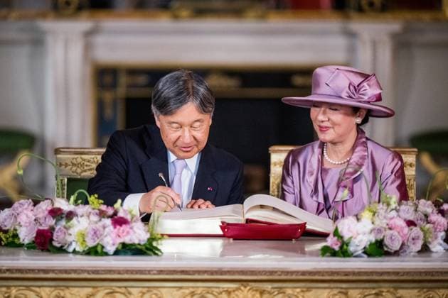 Japanese Emperor Naruhito and Japanese Empress Masako pictured during the official welcoming ceremony in the Royal Palace, in Brussels, during the official state visit of the Japanese Emperor and Empress to Belgium on Tuesday 23 June 2026. The Emperor and Empress of Japan visit Belgium from June 20-25.  JASPERxJACOBS 178930495
