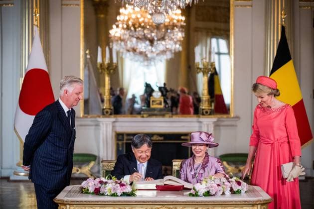 King Philippe - Filip of Belgium, Japanese Emperor Naruhito, Japanese Empress Masako and Queen Mathilde of Belgium pictured during the official welcoming ceremony in the Royal Palace, in Brussels, during the official state visit of the Japanese Emperor and Empress to Belgium on Tuesday 23 June 2026. The Emperor and Empress of Japan visit Belgium from June 20-25.  JASPERxJACOBS 178930980