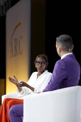 Konstantin Kisin interviews Ayaan Hirsi Ali at the Alliance for Responsible Citizenship Conference 2026. Image Licensed to Parsons Media. 23 06 2026. London, United Kingdom. The Alliance for Responsible Citizenship Conference 2026. Olympia London.  Copyright: xAndrewxParsonsx xParsonsxMediax PAR-9216-0022