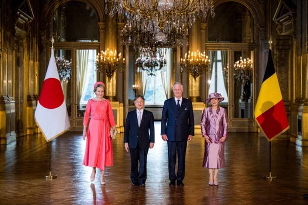 L-R, Queen Mathilde of Belgium, Japanese Emperor Naruhito, King Philippe - Filip of Belgium and Japanese Empress Masako pose for the official photo during the official welcoming ceremony in the Royal Palace, in Brussels, during the official state visit of the Japanese Emperor and Empress to Belgium on Tuesday 23 June 2026. The Emperor and Empress of Japan visit Belgium from June 20-25.  JASPERxJACOBS 178932557
