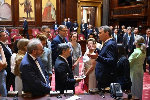 Chamber chairman Peter De Roover, Japanese Emperor Naruhito and Senate Chairman Vincent Blondel pictured during a visit to the Belgian parliament, in Brussels, during the official state visit of the Japanese Emperor and Empress to Belgium on Tuesday 23 June 2026. The Emperor and Empress of Japan visit Belgium from June 20-25.  ERICxLALMAND 178971530