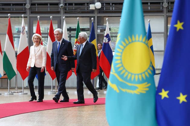 Kazakh President Tokayev joins EU leaders in Brussels for strategic partnership talks BRUSSELS, BELGIUM - JUNE 23: (----EDITORIAL USE ONLY – MANDATORY CREDIT - EU COUNCIL POOL - NO MARKETING NO ADVERTISING CAMPAIGNS - DISTRIBUTED AS A SERVICE TO CLIENTS----) Kazakh President Kassym-Jomart Tokayev (C), European Commission President Ursula von der Leyen (L) and EU Council President Antonio Costa (R) attend a session on EU-Kazakhstan relations in Brussels, Belgium on June 23, 2026. EU Council Pool Anadolu Brussels Belgium. Editorial use only. Please get in touch for any other usage.  Copyright: x2026xAnadoluxEUxCouncilx xPoolx