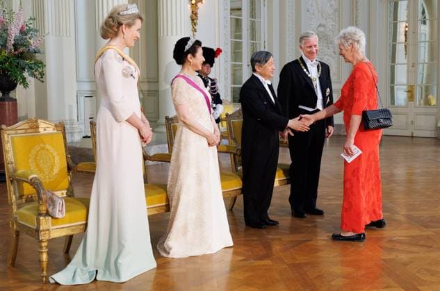 Belgian former judoist Ingrid Berghmans, is welcomed by, Queen Mathilde of Belgium, Japanese Empress Masako, Japanese Emperor Naruhito and King Philippe - Filip of Belgium prior to the state banquet at the Castle of Laeken - Laken, Brussels, during the official state visit of the Japanese Emperor and Empress to Belgium on Tuesday 23 June 2026. The Emperor and Empress of Japan visit Belgium from June 20-25.  BENOITxDOPPAGNE 179018794