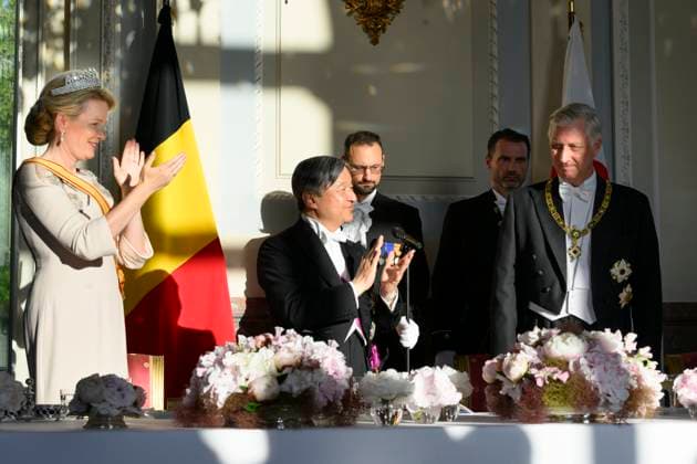 State Visit of the Emperor and the Empress of Japan to Belgium BRUSSELS, BELGIUM - JUNE 23 : King Philippe of Belgium, Queen Mathilde of Belgium and Emperor Naruhito of Japan pictured during the State Banquet at Laeken Castle during the State Visit of the Emperor and Empress of Japan to Belgium, on June 23, 2026 in Brussels, Belgium, 23 06 2026 Brussels Belgium  Copyright: xPhilipxReynaersx