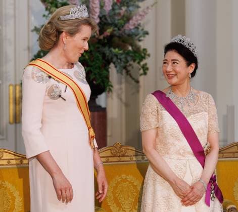 Japanese Empress Masako, Queen Mathilde of Belgium and pictured prior to the state banquet at the Castle of Laeken - Laken, Brussels, during the official state visit of the Japanese Emperor and Empress to Belgium on Tuesday 23 June 2026. The Emperor and Empress of Japan visit Belgium from June 20-25.  BENOITxDOPPAGNE 179026426