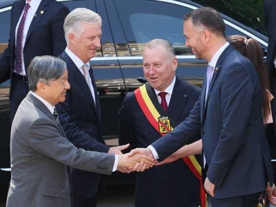 Japanese Emperor Naruhito, King Philippe - Filip of Belgium and Vice-prime minister and Minister of Foreign Affairs Maxime Prevot pictured during a visit to the Castle of Namur, during the official state visit of the Japanese Emperor and Empress to Belgium on Wednesday 24 June 2026. The Emperor and Empress of Japan visit Belgium from June 20-25.  BENOITxDOPPAGNE 179096488