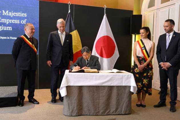 State Visit of the Emperor and the Empress of Japan to Belgium NAMUR, BELGIUM - JUNE 24 : King Philippe - Filip of Belgium, Emperor Naruhito of Japan and Maxime Prevot (Les Engages), Deputy Prime Minister and Minister of Foreign Affairs foreign of Federal Government pictured at the Castle of Namur (Signature of the Golden Book) during the state visit of the Emperor and Empress of Japan to Belgium, on June 24, 2026 in Namur, Belgium, 24 06 2026 Namur Belgium  Copyright: xPhilipxReynaersx