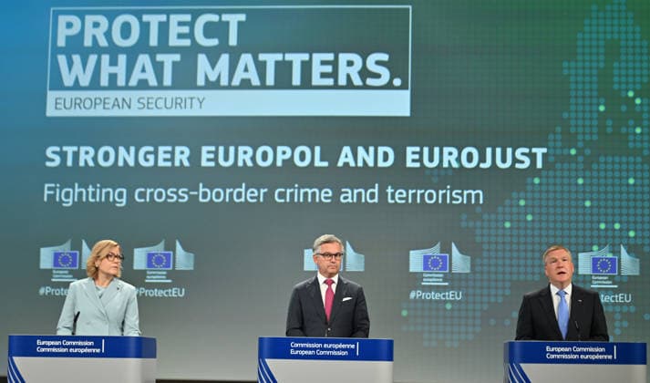 European Commission holds press conference on Law Enforcement and Criminal Justice Package BRUSSELS, BELGIUM - JUNE 24: Executive Vice-President of the European Commission Henna Virkkunen (L), European Commissioner for Internal Affairs and Migration Magnus Brunner (C) and European Commissioner for Democracy, Justice, Rule of Law and Consumer Protection Michael McGrath (R) attend a press conference on the Law Enforcement and Criminal Justice Package in Brussels, Belgium, on June 24, 2026. Dursun Aydemir Anadolu Brussels Belgium. Editorial use only. Please get in touch for any other usage.  Copyright: x2026xAnadoluxDursunxAydemirx
