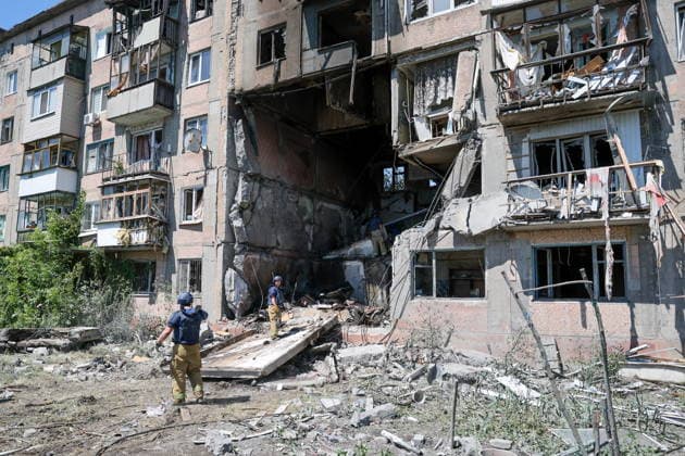 RUSSIA, GORLOVKA - JUNE 24, 2026: An apartment block destroyed in a drone attack. Dmitry Yagodkin TASS  94215029