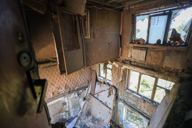 RUSSIA, GORLOVKA - JUNE 24, 2026: An apartment block destroyed in a drone attack. Dmitry Yagodkin TASS  94215057