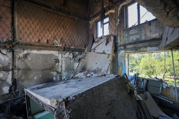 RUSSIA, GORLOVKA - JUNE 24, 2026: An apartment block destroyed in a drone attack. Dmitry Yagodkin TASS  94215107