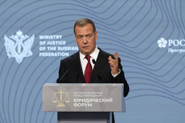 RUSSIA, ST PETERSBURG - JUNE 24, 2026: Russian Security Council Deputy Chairman, United Russia Party leader Dmitry Medvedev speaks at a plenary session titled International Law: A Privilege for the Few, or Law among Equals? as part of the 14th St Petersburg International Legal Forum at the ExpoForum Convention and Exhibition Centre St Petersburg Russia  - ZUMAt113 20260624_zaa_t113_309 Copyright: xPeterxKovalevx