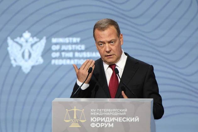 RUSSIA, ST PETERSBURG - JUNE 24, 2026: Russian Security Council Deputy Chairman, United Russia Party leader Dmitry Medvedev speaks at a plenary session titled International Law: A Privilege for the Few, or Law among Equals? as part of the 14th St Petersburg International Legal Forum at the ExpoForum Convention and Exhibition Centre St Petersburg Russia  - ZUMAt113 20260624_zaa_t113_311 Copyright: xPeterxKovalevx