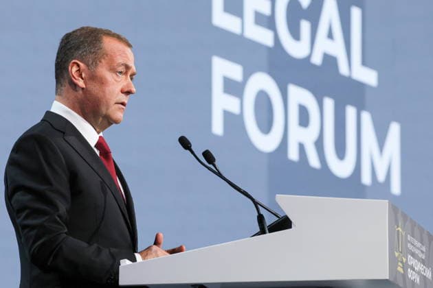 RUSSIA, ST PETERSBURG - JUNE 24, 2026: Russian Security Council Deputy Chairman, United Russia Party leader Dmitry Medvedev speaks at a plenary session titled International Law: A Privilege for the Few, or Law among Equals? as part of the 14th St Petersburg International Legal Forum at the ExpoForum Convention and Exhibition Centre. Yekaterina Shtukina POOL TASS  94220039