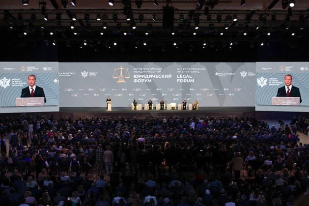 RUSSIA, ST PETERSBURG - JUNE 24, 2026: Russian Security Council Deputy Chairman, United Russia Party leader Dmitry Medvedev (on the screen) speaks at a plenary session titled International Law: A Privilege for the Few, or Law among Equals? as part of the 14th St Petersburg International Legal Forum at the ExpoForum Convention and Exhibition Centre. Peter Kovalev TASS  94219638
