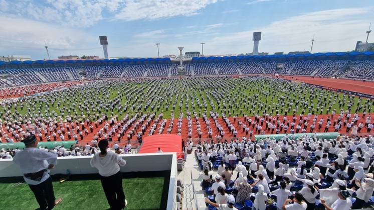 Traditional Andijan Polka dance performance enters Guinness World Records in Uzbekistan ANDIJAN, UZBEKISTAN - JUNE 24: Hundreds of performers dressed in traditional attire fill the entire field and running tracks of a stadium to perform the iconic national folk dance, Andijan polka, simultaneously in Andijan, Uzbekistan on June 24, 2026. The mass synchronized cultural event, which saw the participation of approximately 500 people, successfully entered the Guinness World Records. Bahtiyar Abdulkerimov Anadolu Andijan Uzbekistan. Editorial use only. Please get in touch for any other usage.  Copyright: x2026xAnadoluxBahtiyarxAbdulkerimovx