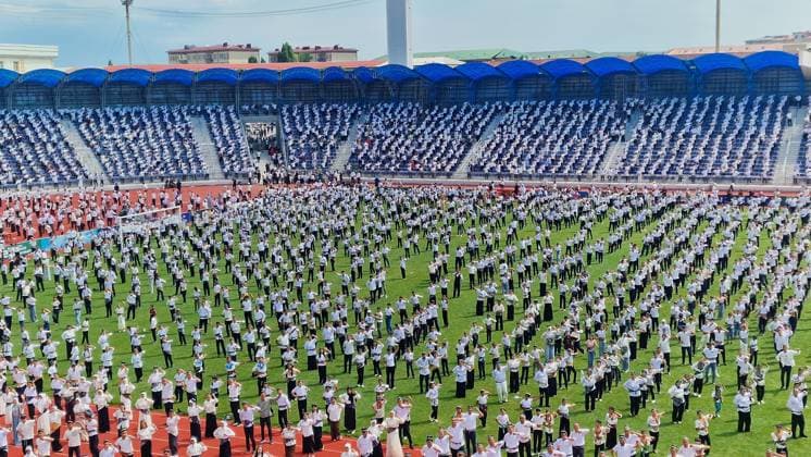 Traditional Andijan Polka dance performance enters Guinness World Records in Uzbekistan ANDIJAN, UZBEKISTAN - JUNE 24: Hundreds of performers dressed in traditional attire fill the entire field and running tracks of a stadium to perform the iconic national folk dance, Andijan polka, simultaneously in Andijan, Uzbekistan on June 24, 2026. The mass synchronized cultural event, which saw the participation of approximately 500 people, successfully entered the Guinness World Records. Bahtiyar Abdülkerimov Anadolu Andijan Uzbekistan. Editorial use only. Please get in touch for any other usage.  Copyright: x2026xAnadoluxBahtiyarxAbdülkerimovx